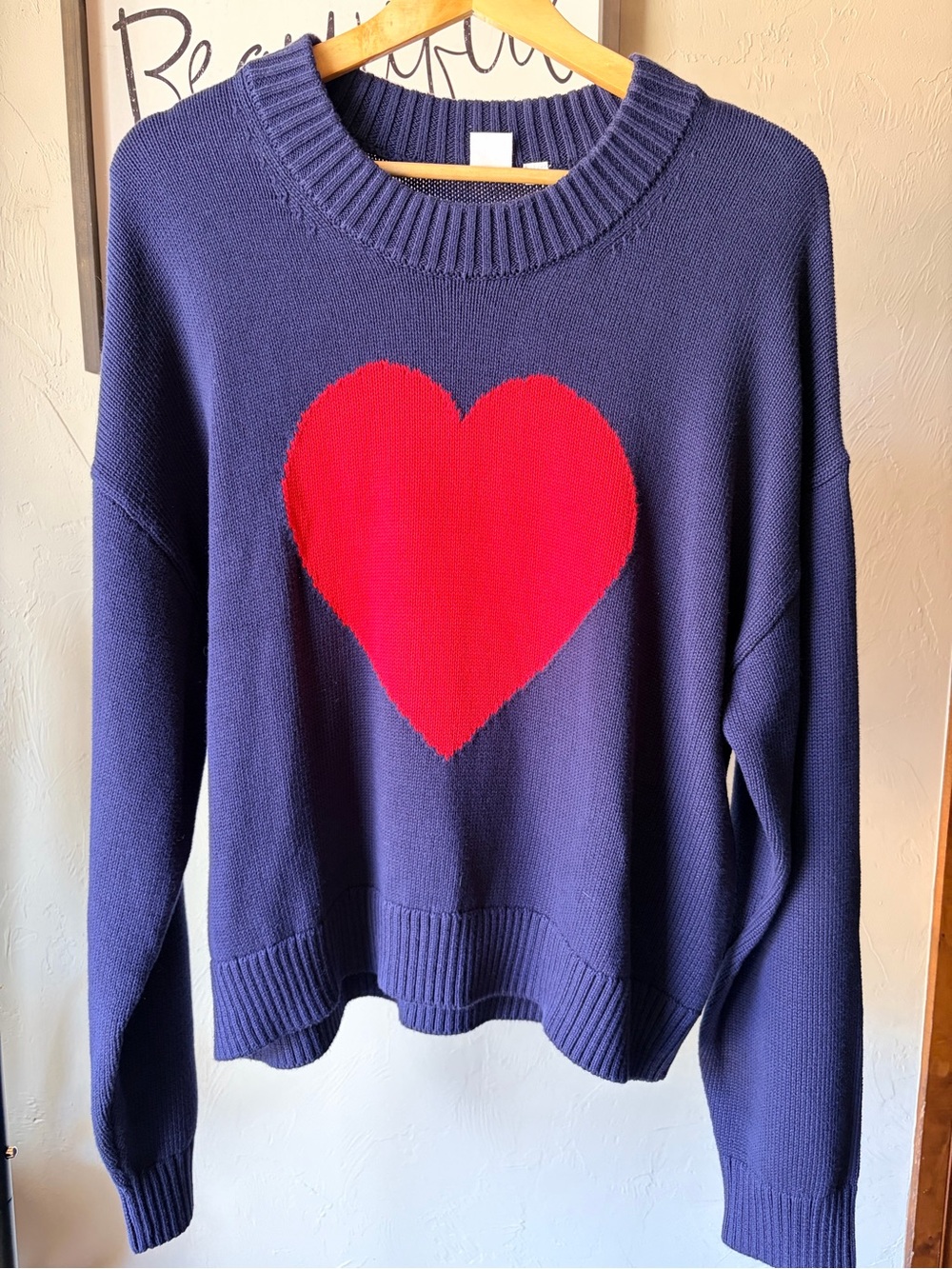 GAP Navy Cotton Rib-Knit Crew Neck Pullover Sweater w/ Red Heart Graphic XL